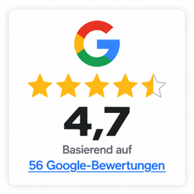 Google Bewertungen: Exzellent, 4,7 von 5, basierend auf 56 Bewertungen