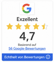 Google Bewertungen: Exzellent, 4,7 von 5, basierend auf 56 Bewertungen